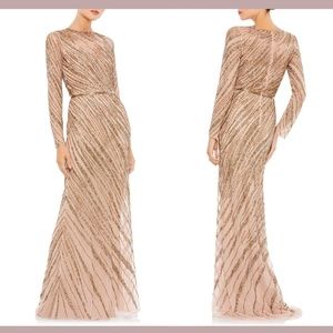 NEW‎ Mac Duggal Beaded Long Sleeve Column Gown in Mocha [SZ 6 ]